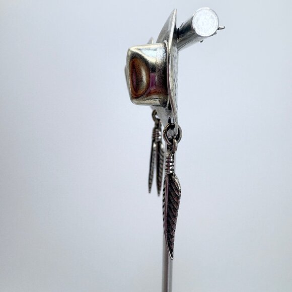 VTG Sterling Silver 925 Cowboy Hat Feather Dangle Earrings Size 2" Length - Picture 6 of 9